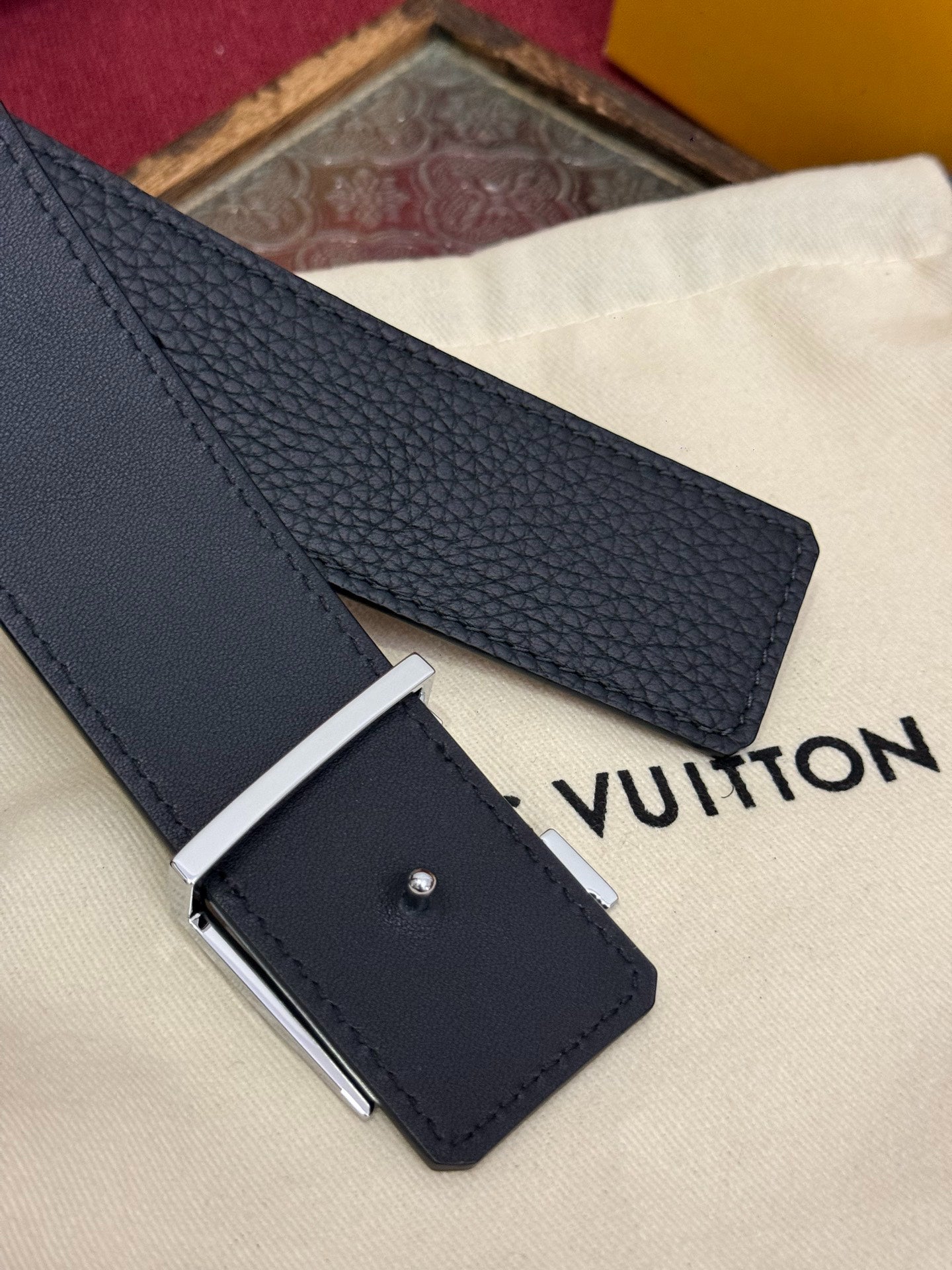 LV Black Leather 40mm Belt with Gold Engraved LV Buckle