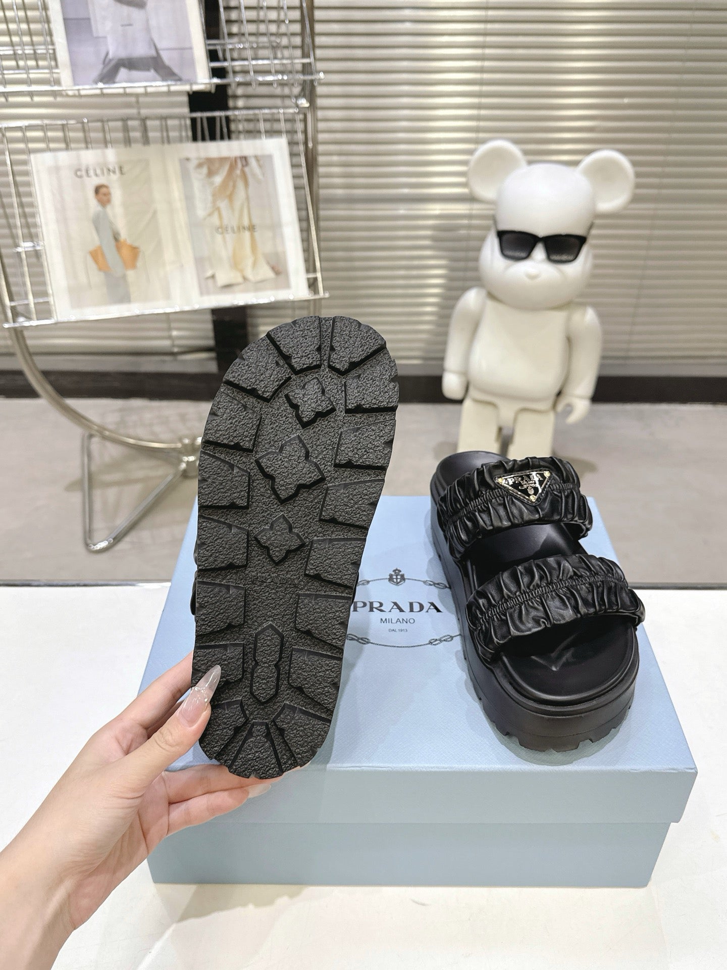 Women Black Ruched Two Strap Platform Slides Triangle Gold Logo Slip On Casual Sandal Shoes