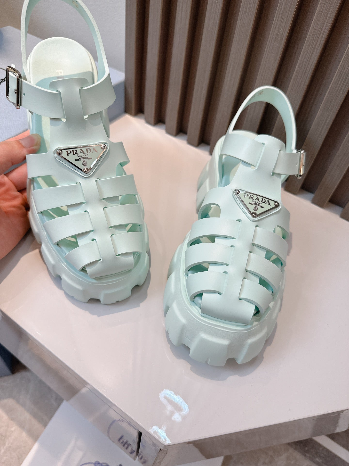 Women Mint Green Platform Roman Fisherman Sandals Triangle Metal Logo Adjustable Ankle Buckle Shoes