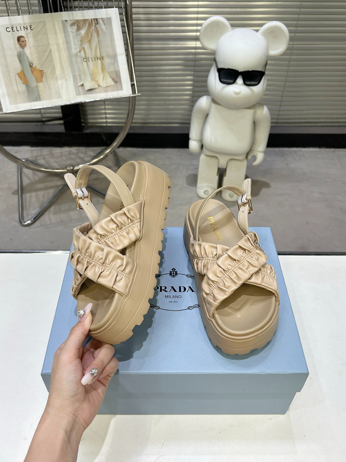 Women Beige Ruched Cross Strap Platform Sandals Triangle Gold Logo Adjustable Ankle Buckle Casual Shoes