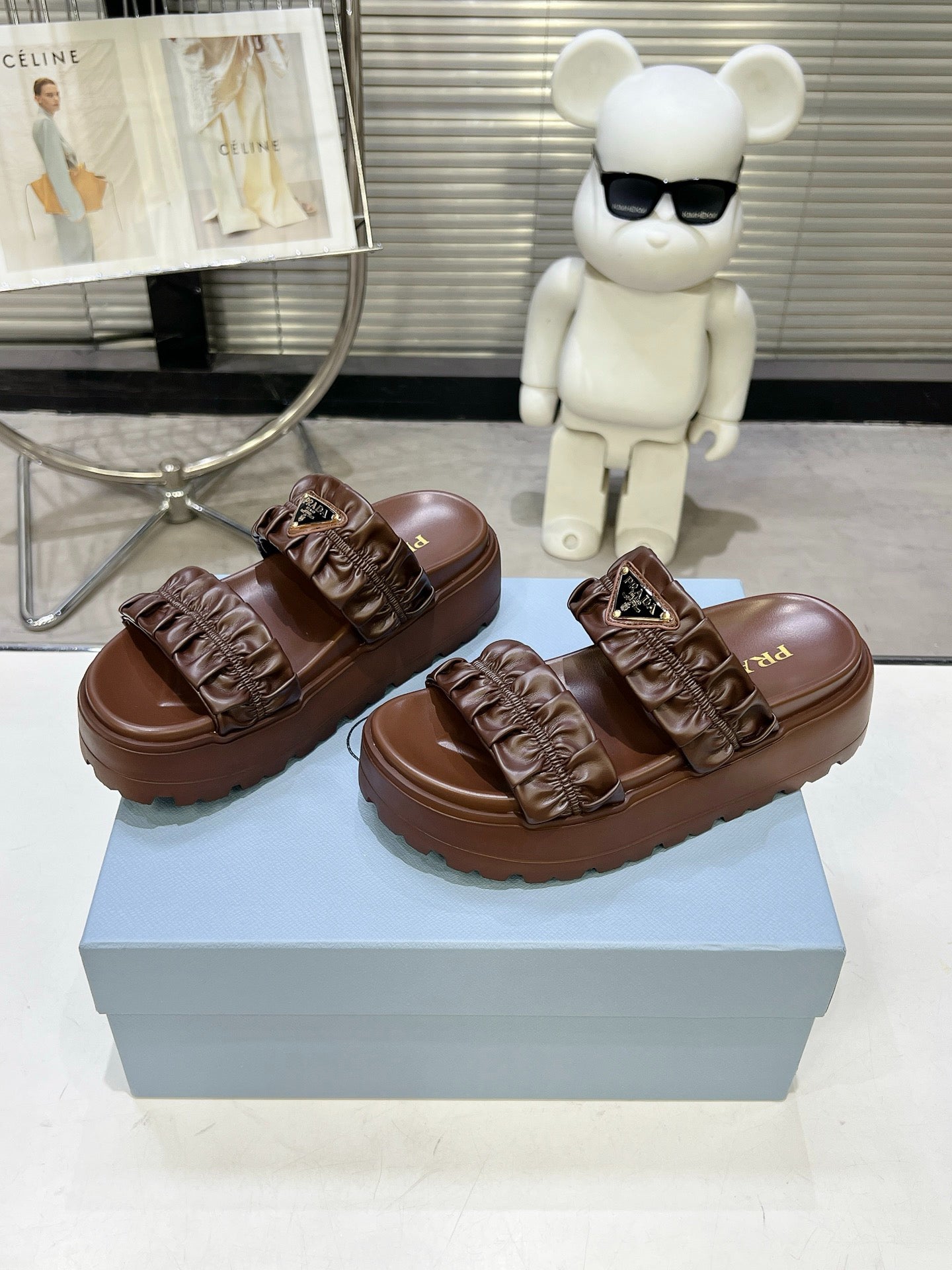 Women Dark Brown Ruched Two Band Platform Slides Triangle Gold Logo Slip On Casual Sandals