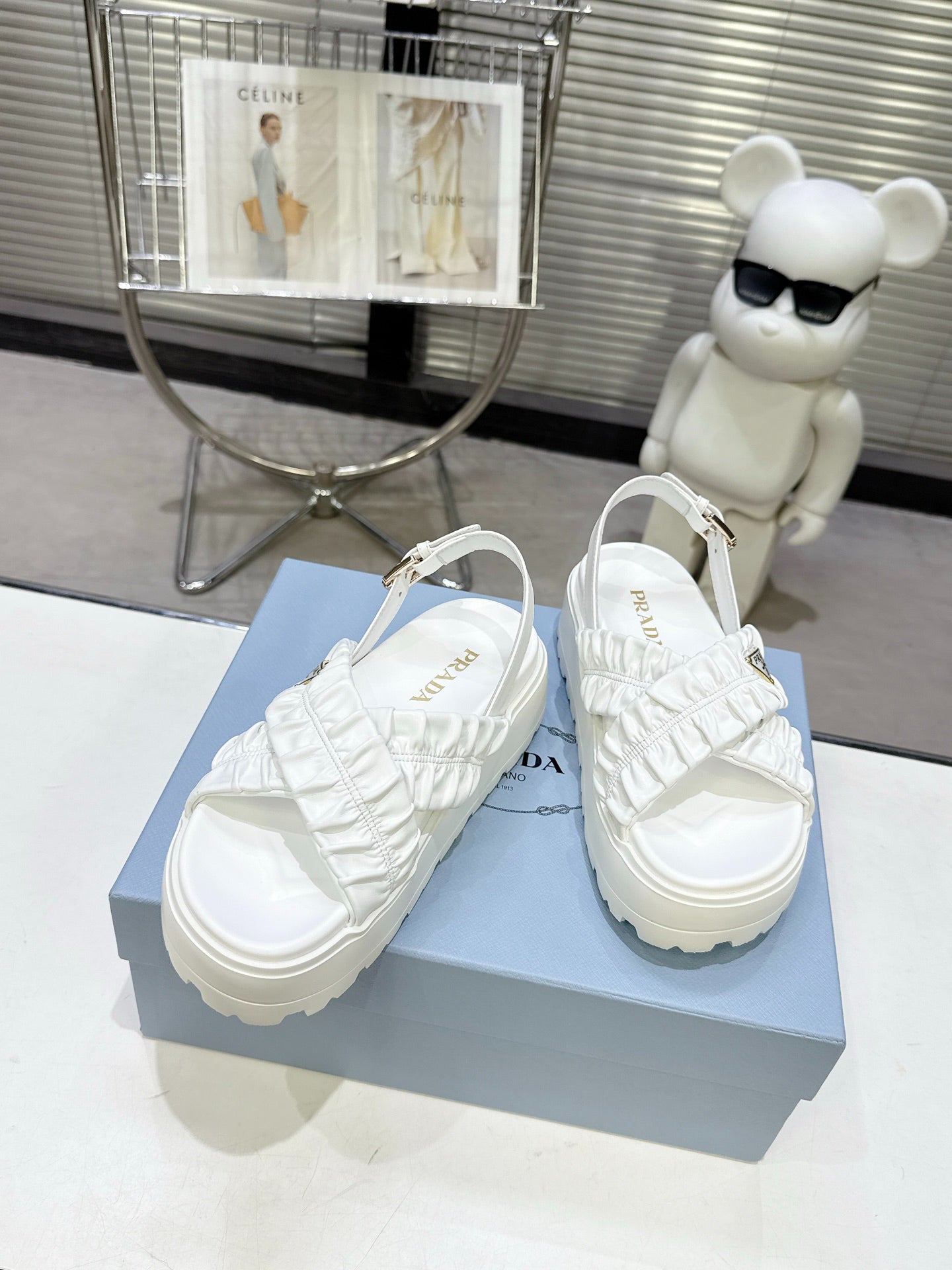 Women White Ruched Cross Band Platform Sandals Triangle Gold Logo Adjustable Ankle Buckle Casual Summer Shoes
