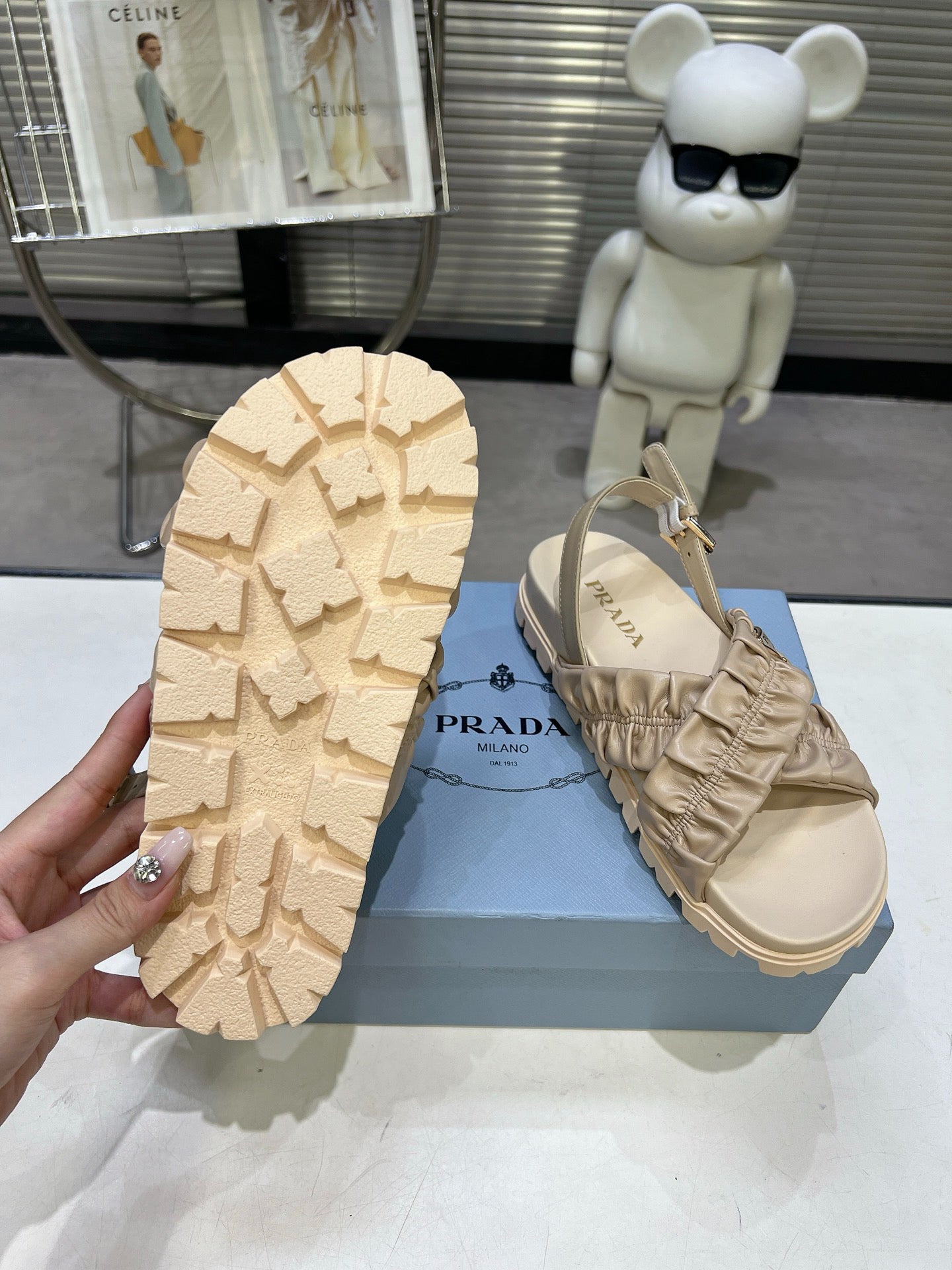 Women Beige Ruched Cross Band Platform Sandals Triangle Gold Logo Adjustable Ankle Strap Casual Shoes