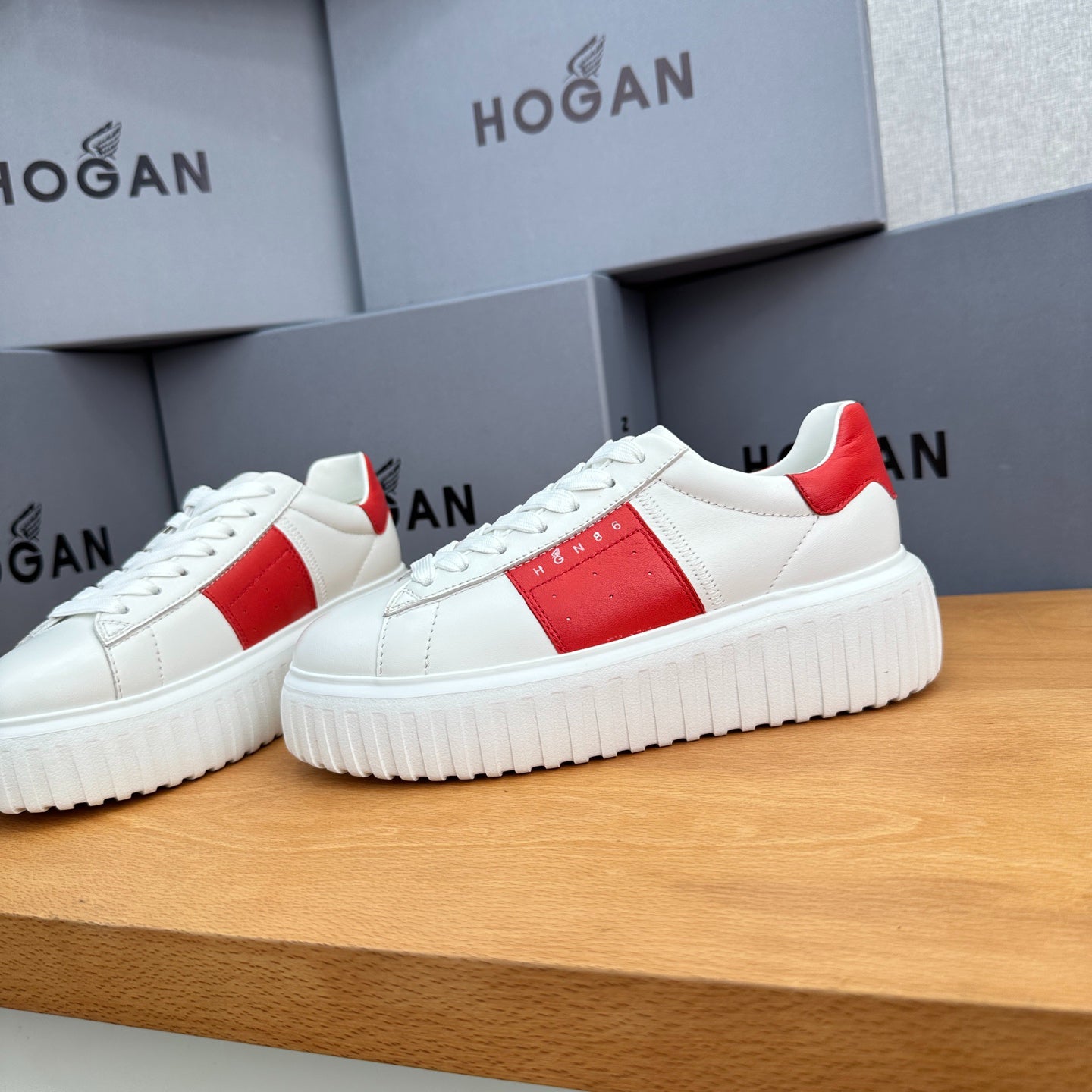 HOGAN Women White Red Color Block Genuine Leather Platform Sneakers Thick Ridged Sole Height Increase Casual Skate Shoes