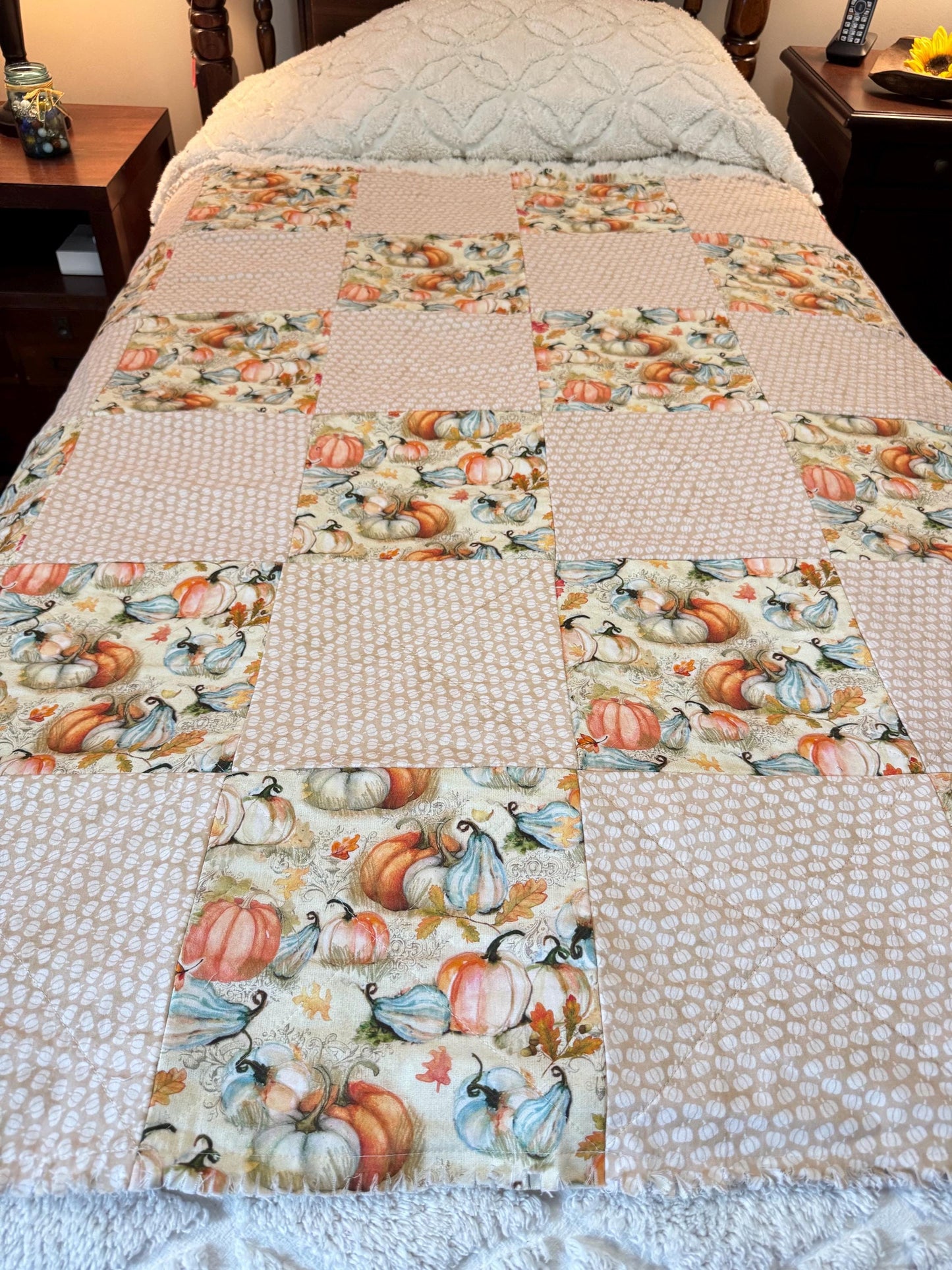 Autumn Pumpkin Cotton Rag Quilt, Fall Sofa Throw (53x53)