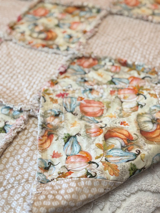 Autumn Pumpkin Cotton Rag Quilt, Fall Sofa Throw (53x53)