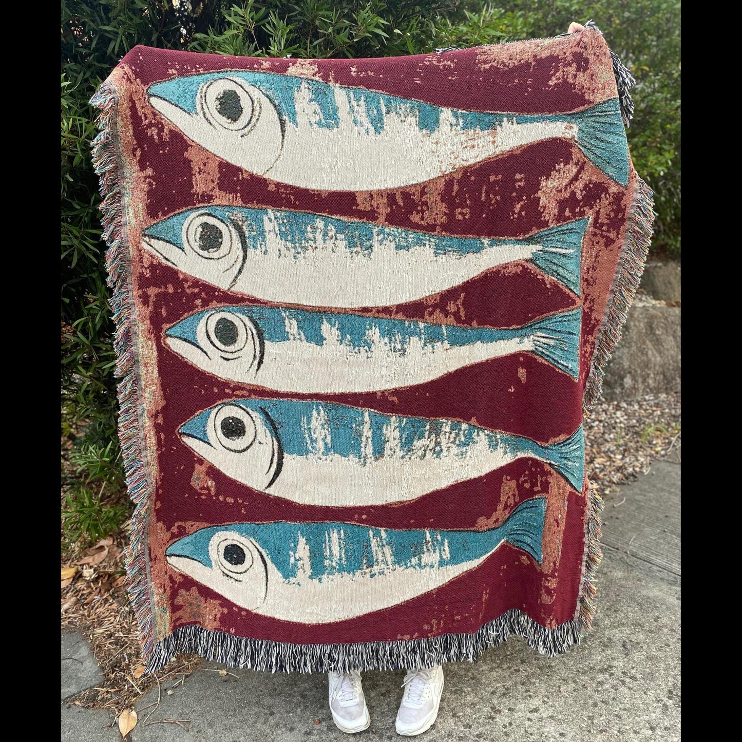 Sardines Fish Woven Blanket: Coastal Decor Tapestry, Beach House Picnic Blanket, Mid Century Throw