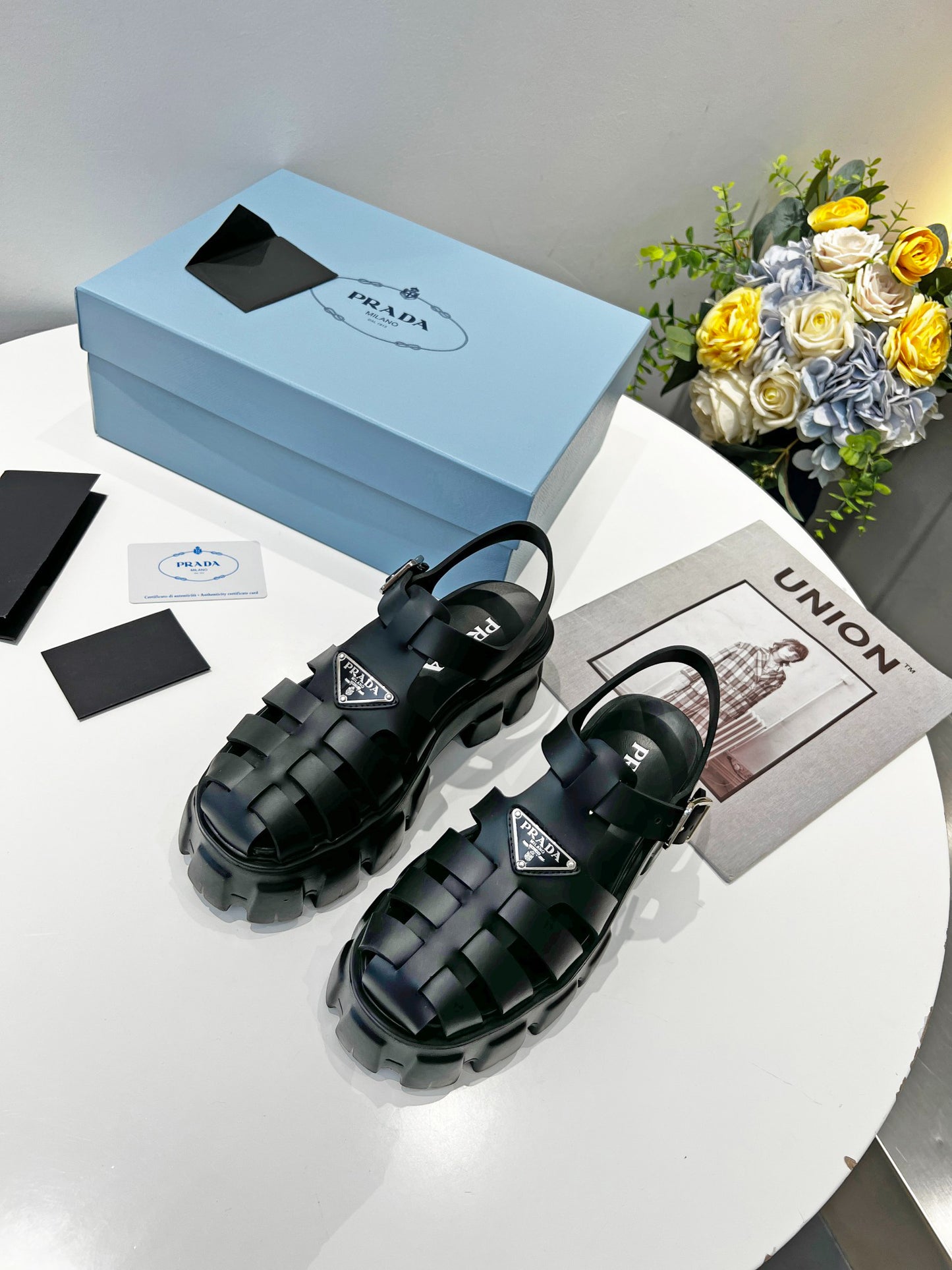 Prada Triangle Logo Woven Roman Sandals, Women Chunky Lug Sole Closed Toe Buckle Strap Platform Sandals