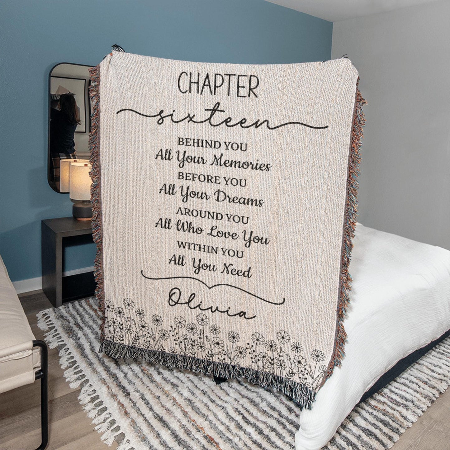 16th Birthday Gift Personalized Woven Blanket, Custom Name Cotton Throw, Sweet 16 Gifts Tapestry for Daughter Girl Boy Best Friend Besti V13