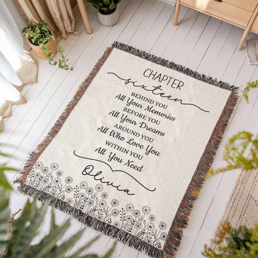 16th Birthday Gift Personalized Woven Blanket, Custom Name Cotton Throw, Sweet 16 Gifts Tapestry for Daughter Girl Boy Best Friend Besti V13