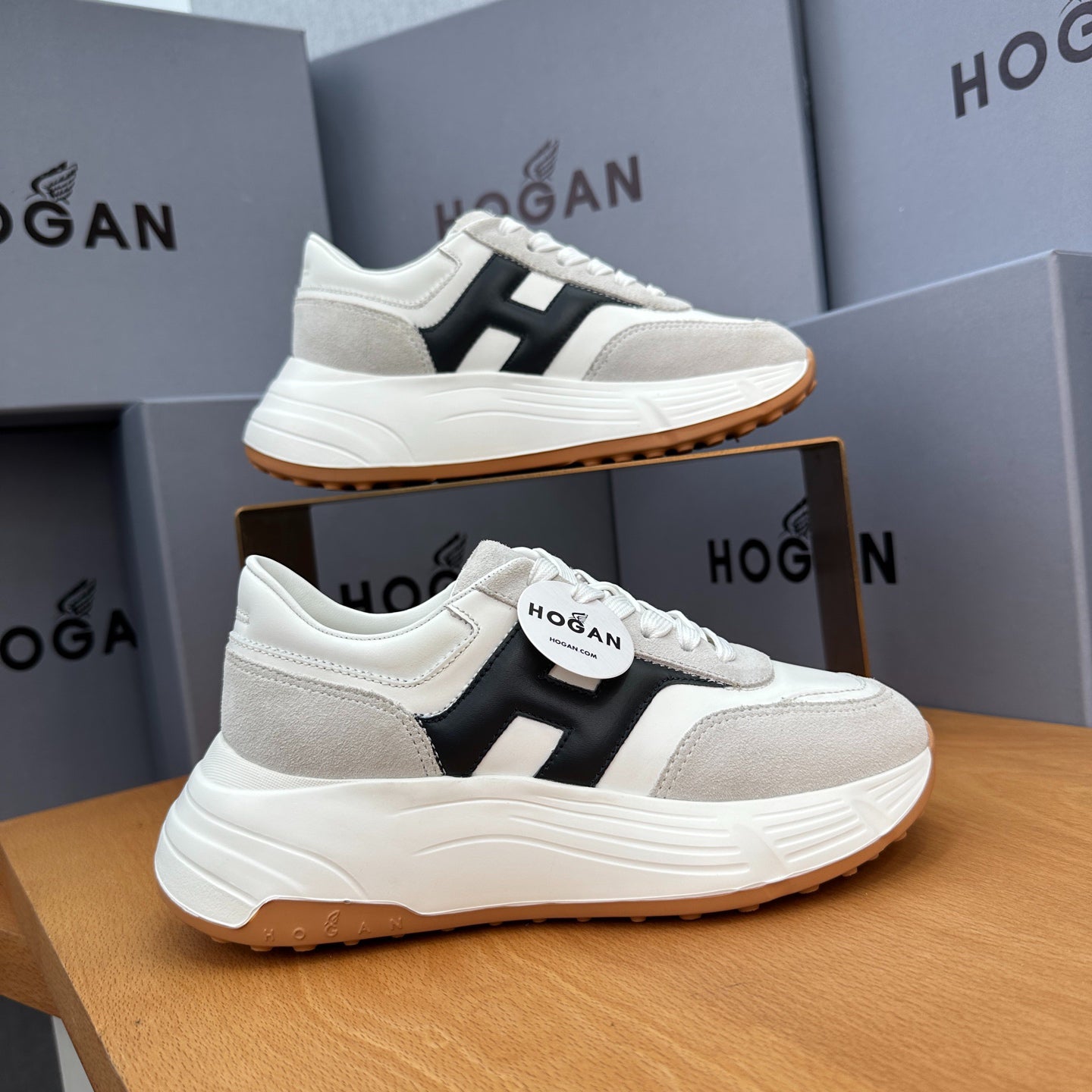 HOGAN Women White Grey Suede Black H Logo Genuine Leather Platform Sneakers Chunky Thick Sole Height Increasing Casual Shoes