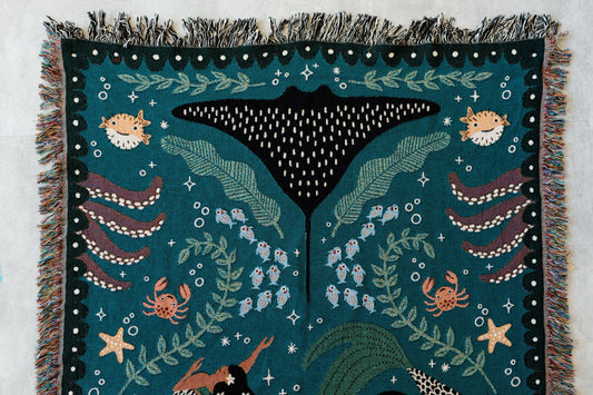 Mermaids Throw Blanket: Personalized Gift for Girl Boy Teen, Baby Shower, Woven Colourful Teal, Maximalist Ocean Animal Bedding Kawaii