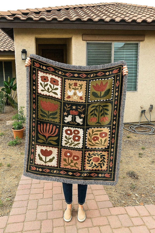 Retro Dark Floral Blanket | Country Folk Motif Throw Tapestry| Rustic Boho Preppy Vintage Farmhouse Home Decor Gift Woven Blanket