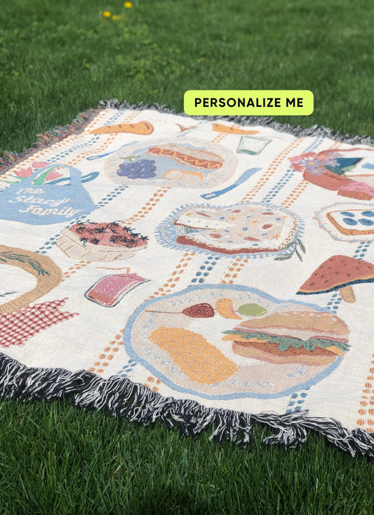 Personalized Woven Picnic Blanket, Beach Blanket Throw, Cottagecore, Food Art, Unique Custom Blanket, Family Gift, Christmas gift for family