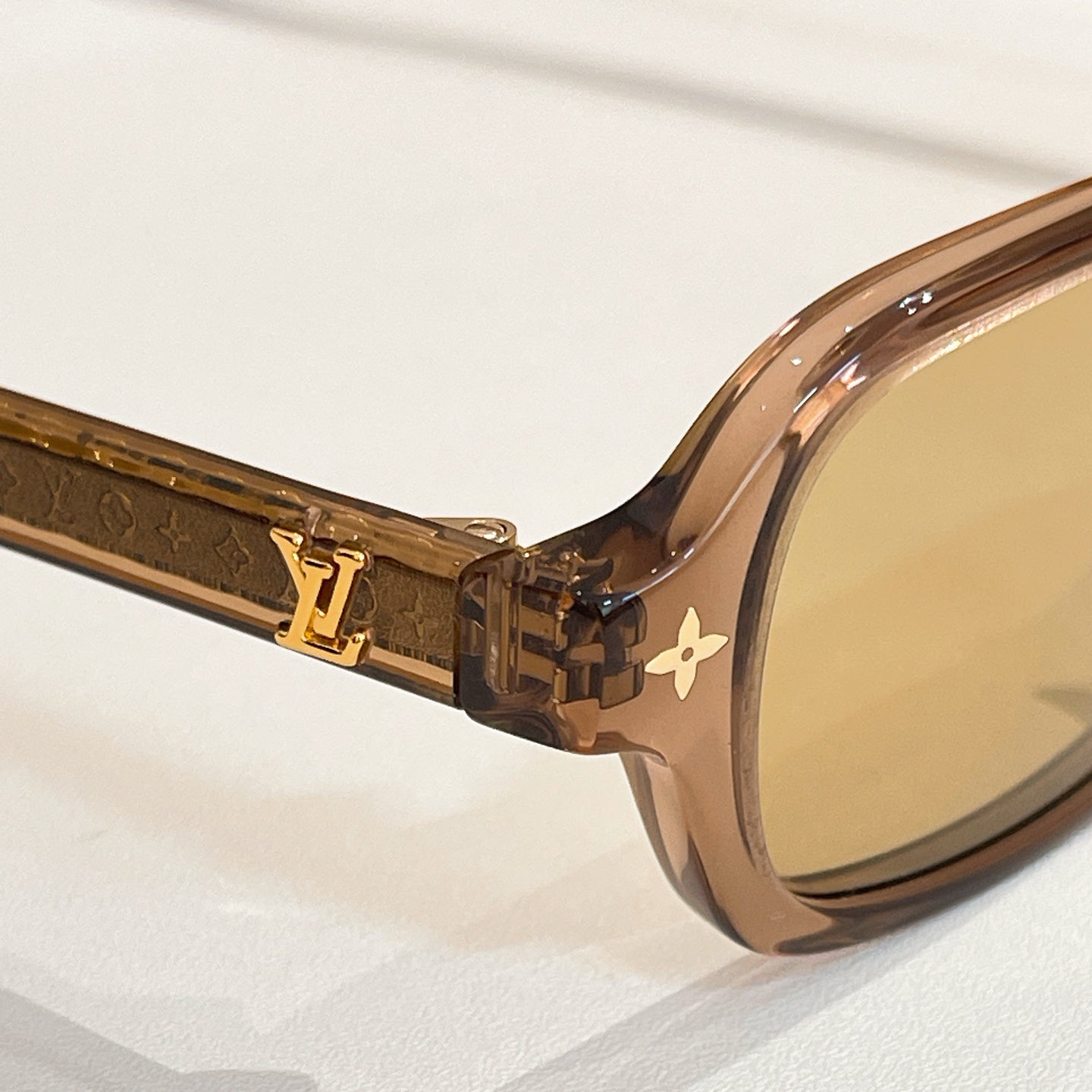 Louis Vuitton Monogram-Embellished Rectangular Sunglasses (Brown Translucent Frame / Light Yellow Lens)