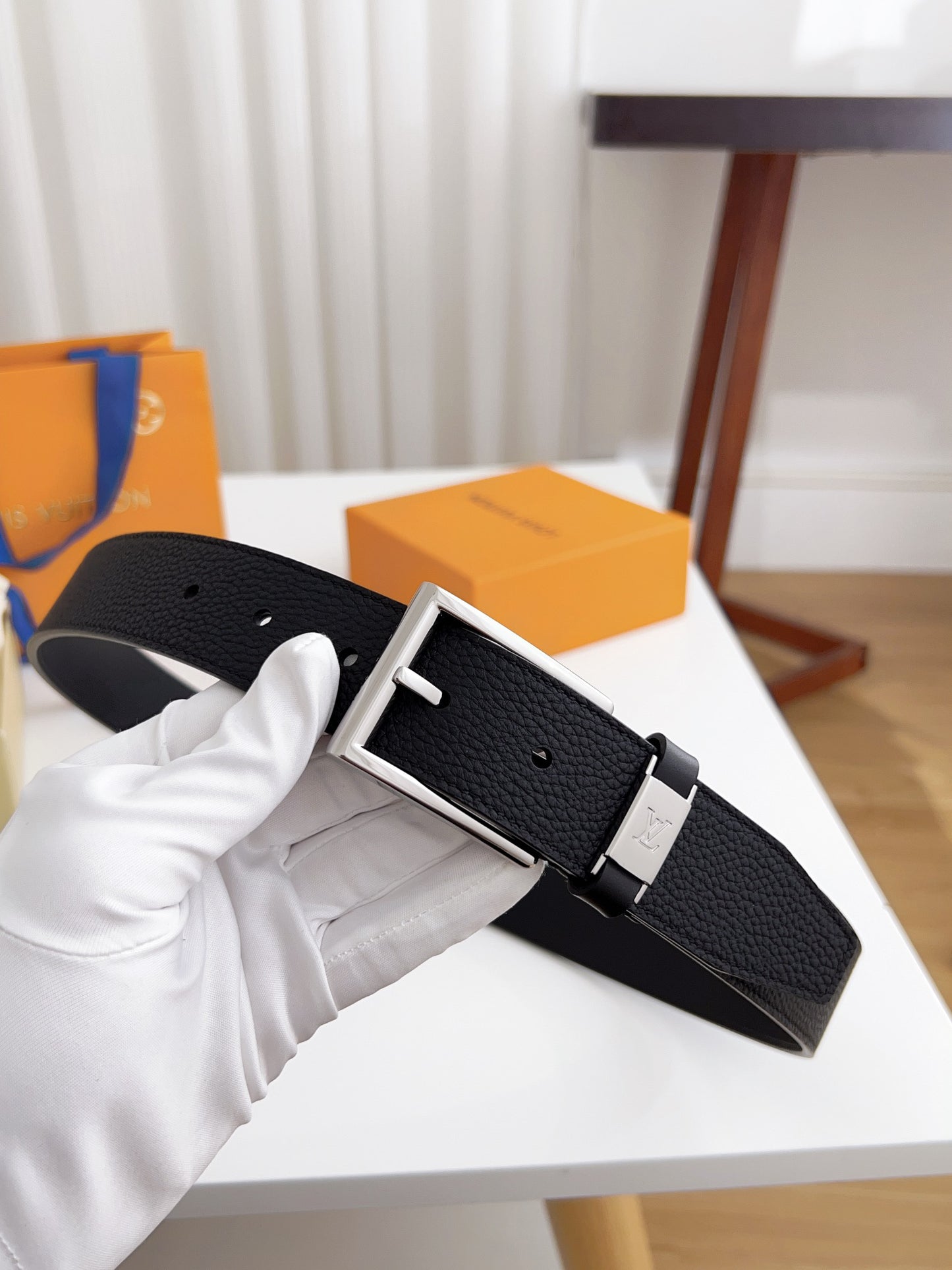 LV Black Togo Leather 35mm Pin Buckle Belt