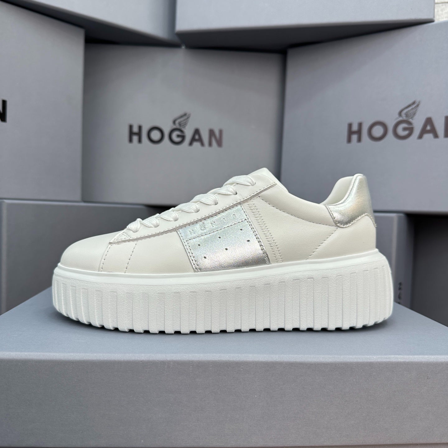Ladies HOGAN White Silver Patchwork Cow Leather Grooved Thick Platform Elevator Casual Trainers