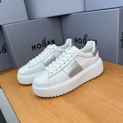 Ladies HOGAN White Silver Patchwork Cow Leather Grooved Thick Platform Elevator Casual Trainers