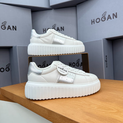 Ladies HOGAN White Silver Patchwork Cow Leather Grooved Thick Platform Elevator Casual Trainers