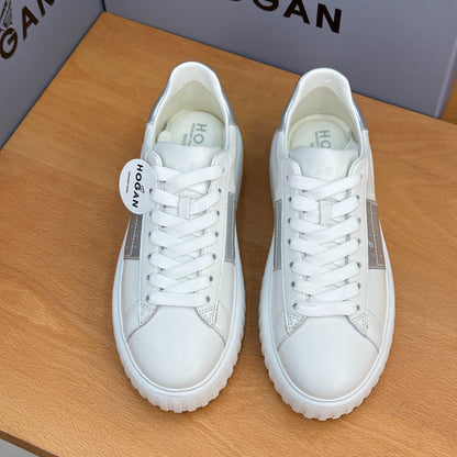 Ladies HOGAN White Silver Patchwork Cow Leather Grooved Thick Platform Elevator Casual Trainers