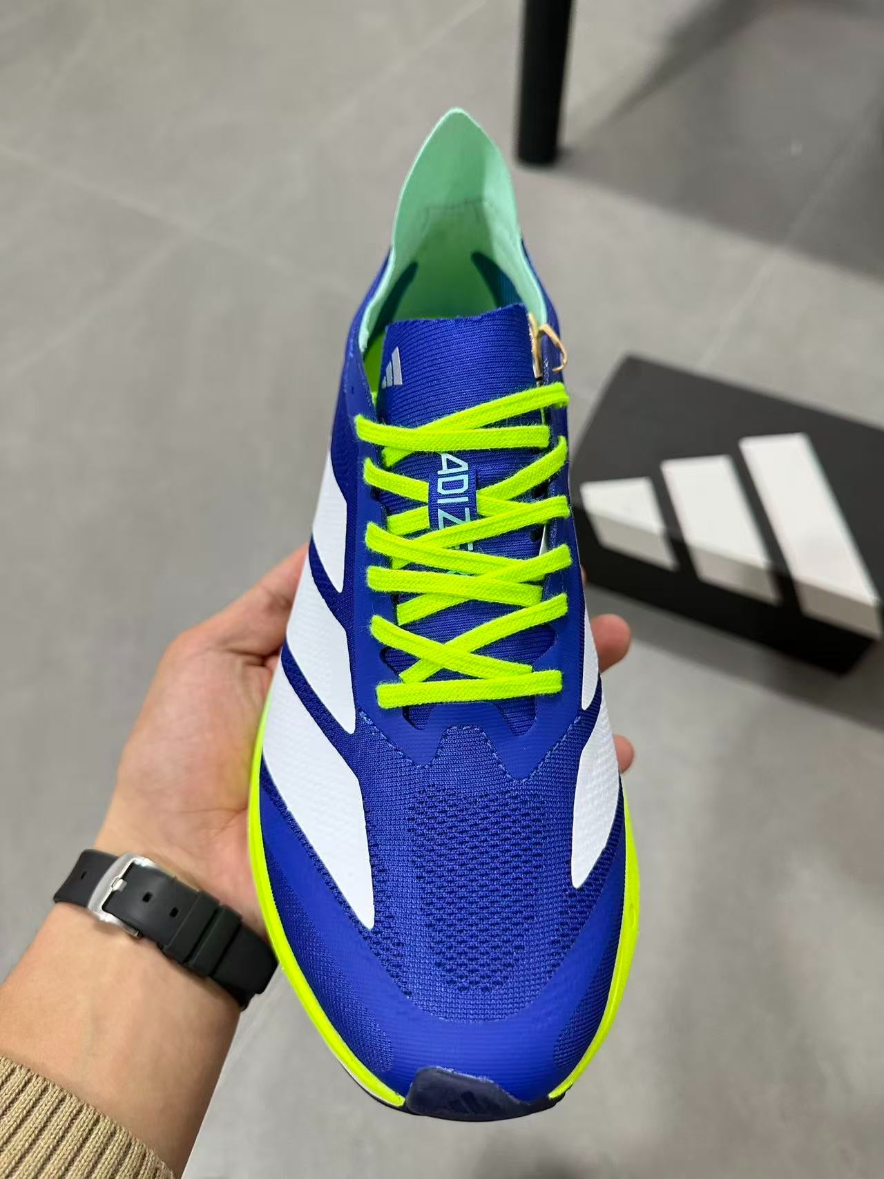 Adidas ADIZERO DRIVE RC (Royal Blue / Zero Metallic / Lucid Lemon colorway)