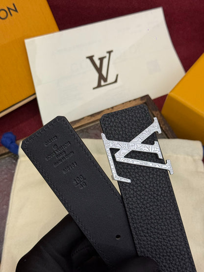 LV Black Leather 40mm Belt with Gold Engraved LV Buckle