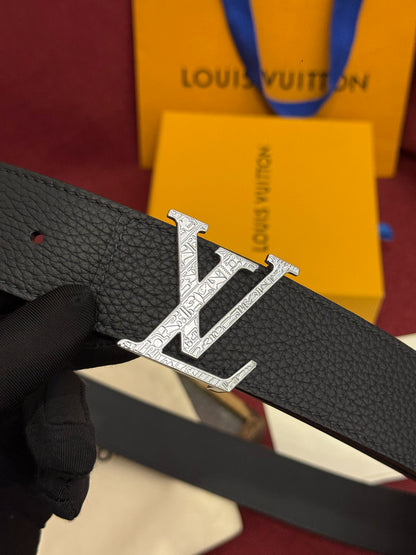 LV Black Leather 40mm Belt with Gold Engraved LV Buckle
