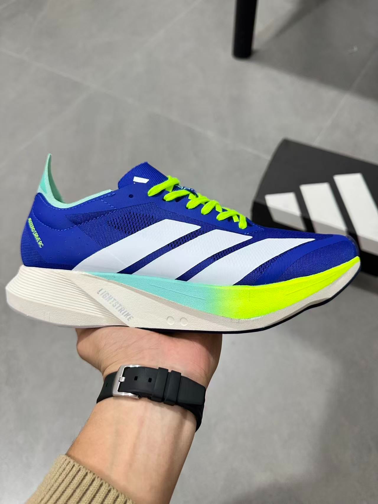 Adidas ADIZERO DRIVE RC (Royal Blue / Zero Metallic / Lucid Lemon colorway)