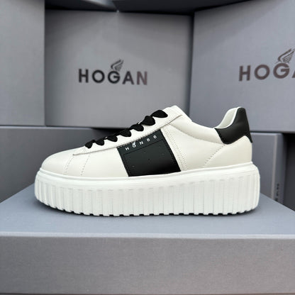 HOGAN White & Black Leather Ridged Platform Casual Sneakers