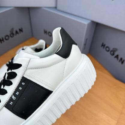 HOGAN White & Black Leather Ridged Platform Casual Sneakers