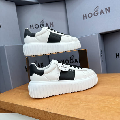 HOGAN White & Black Leather Ridged Platform Casual Sneakers