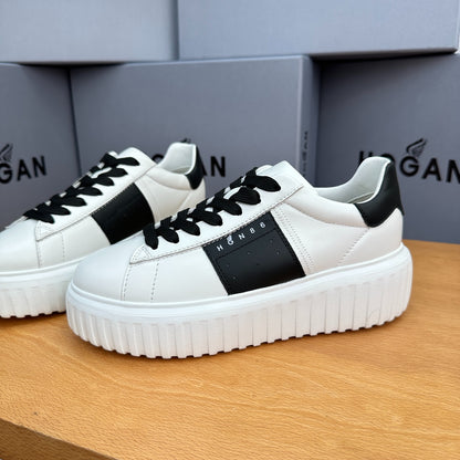 HOGAN White & Black Leather Ridged Platform Casual Sneakers
