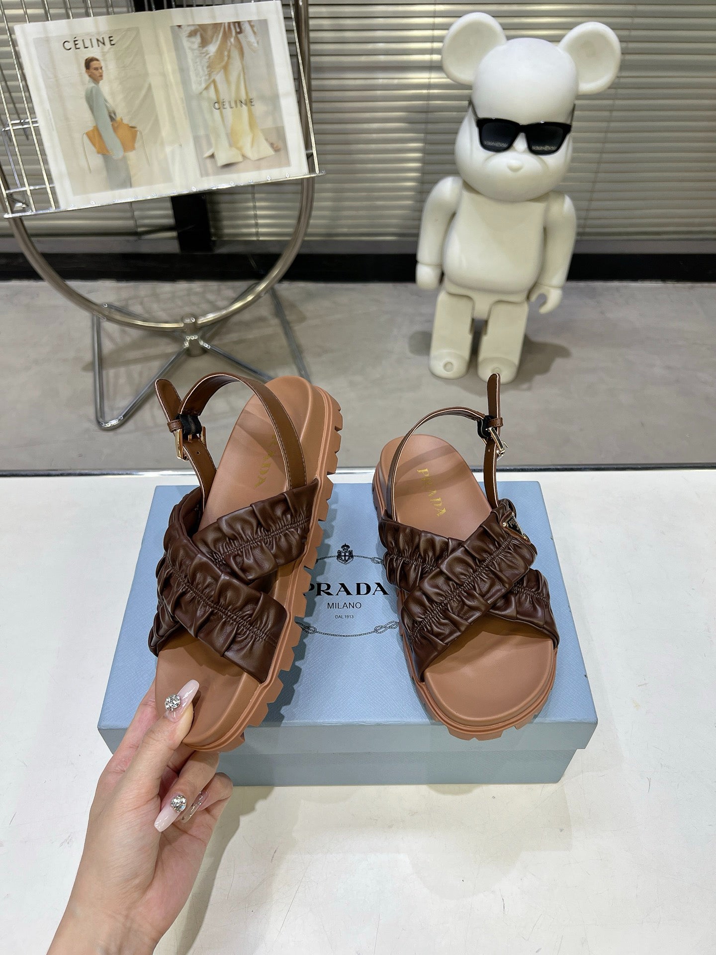 Women Dark Brown Ruched Cross Strap Platform Sandals Triangle Gold Logo Adjustable Ankle Buckle Casual Shoes
