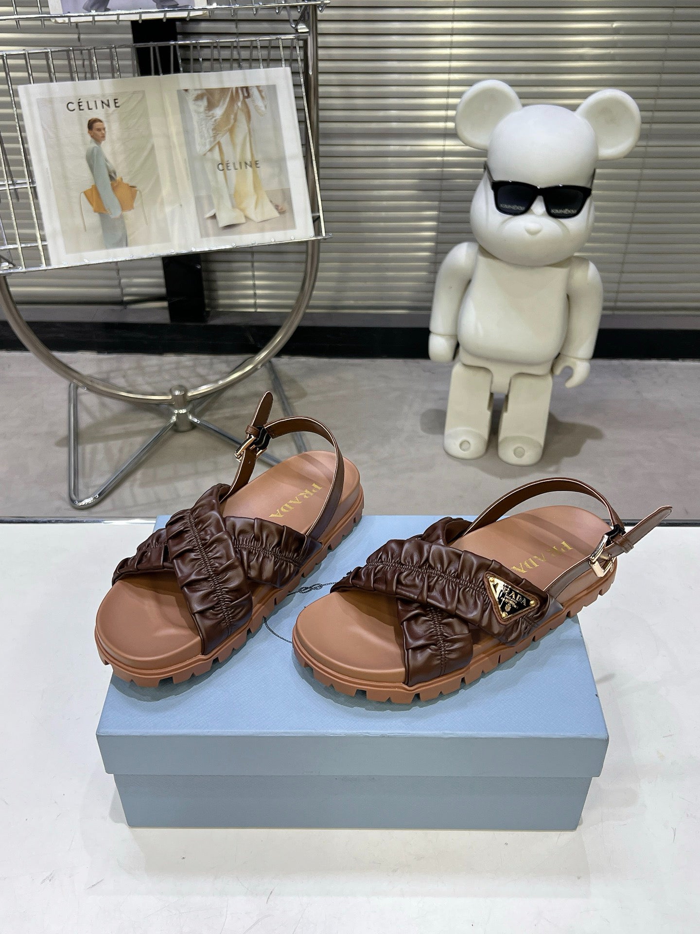 Women Dark Brown Ruched Cross Strap Platform Sandals Triangle Gold Logo Adjustable Ankle Buckle Casual Shoes