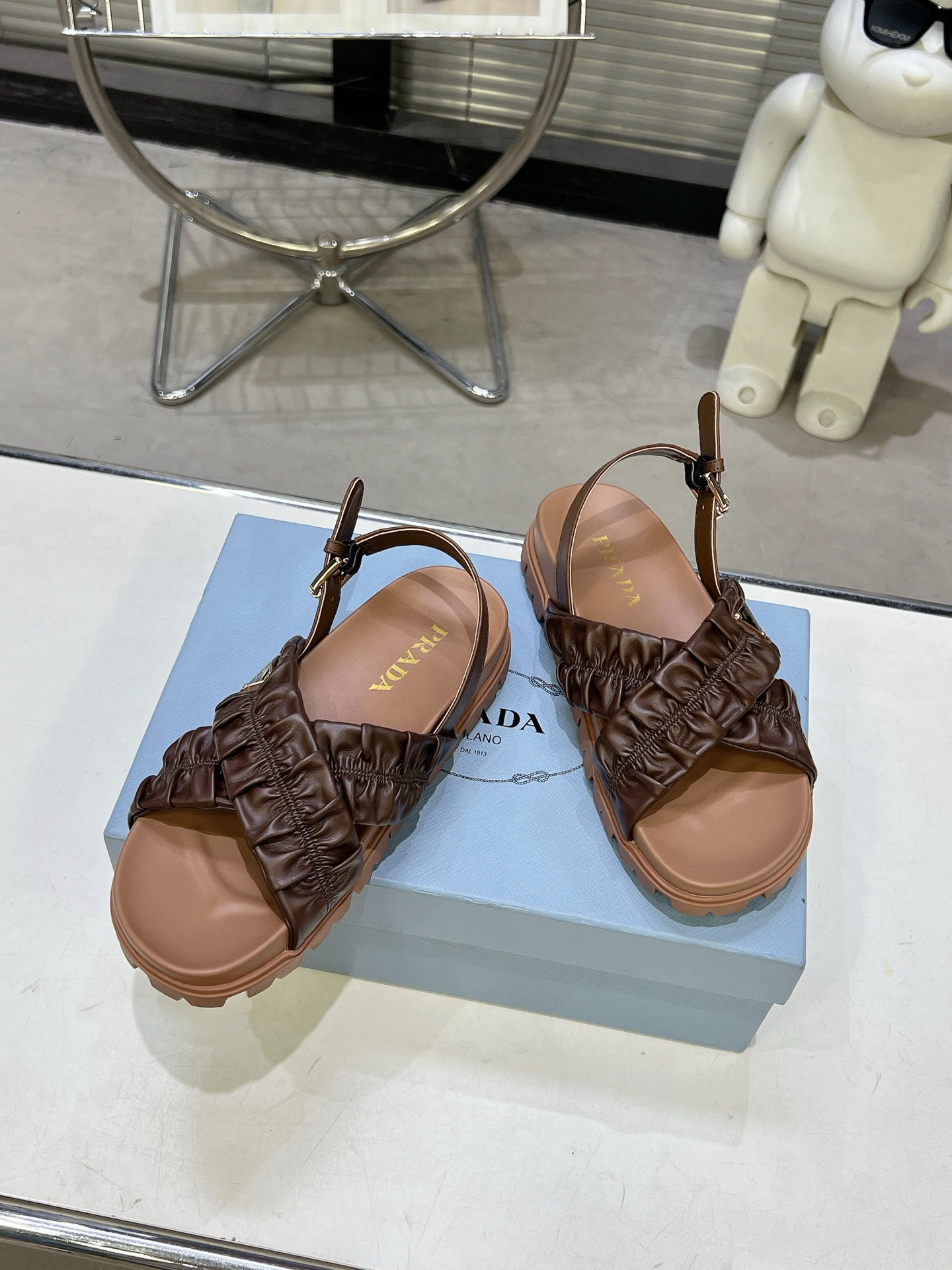 Women Dark Brown Ruched Cross Strap Platform Sandals Triangle Gold Logo Adjustable Ankle Buckle Casual Shoes