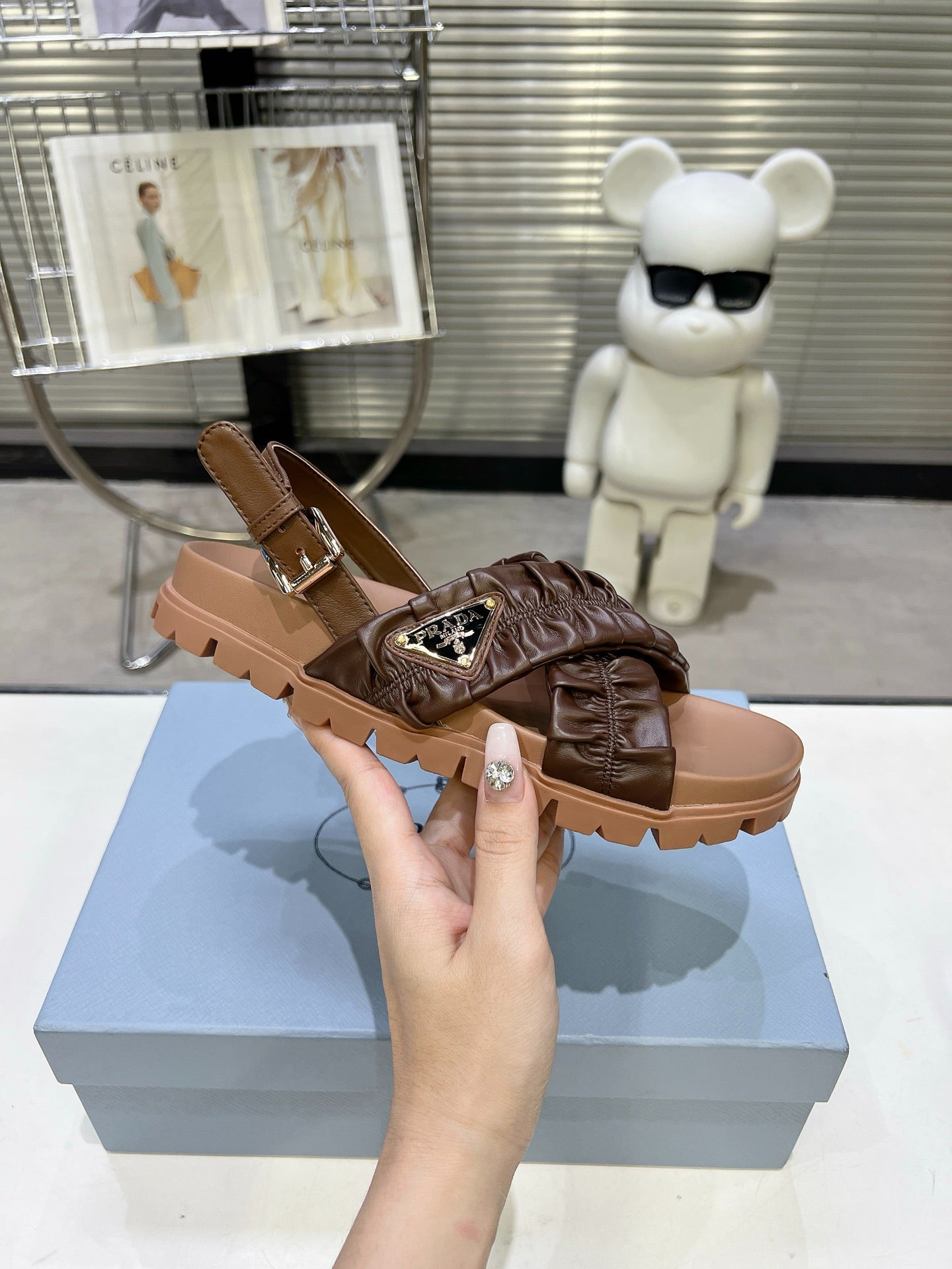Women Dark Brown Ruched Cross Strap Platform Sandals Triangle Gold Logo Adjustable Ankle Buckle Casual Shoes