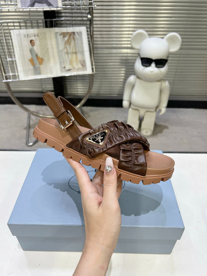 Women Dark Brown Ruched Cross Strap Platform Sandals Triangle Gold Logo Adjustable Ankle Buckle Casual Shoes