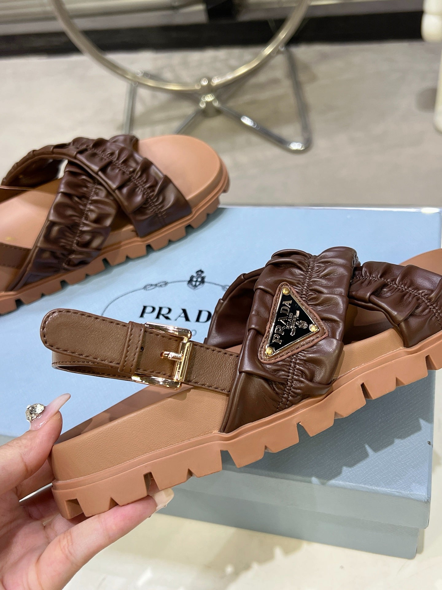 Women Dark Brown Ruched Cross Strap Platform Sandals Triangle Gold Logo Adjustable Ankle Buckle Casual Shoes