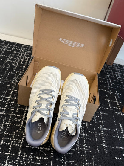 On Cloudmonster Unisex Road Running Sneakers Cream Off White Gold Band Beige Midsole Thick CloudTec Sport Shoes