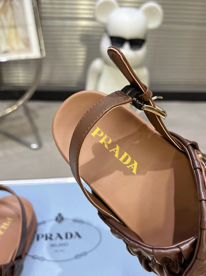 Women Dark Brown Ruched Cross Strap Platform Sandals Triangle Gold Logo Adjustable Ankle Buckle Casual Shoes