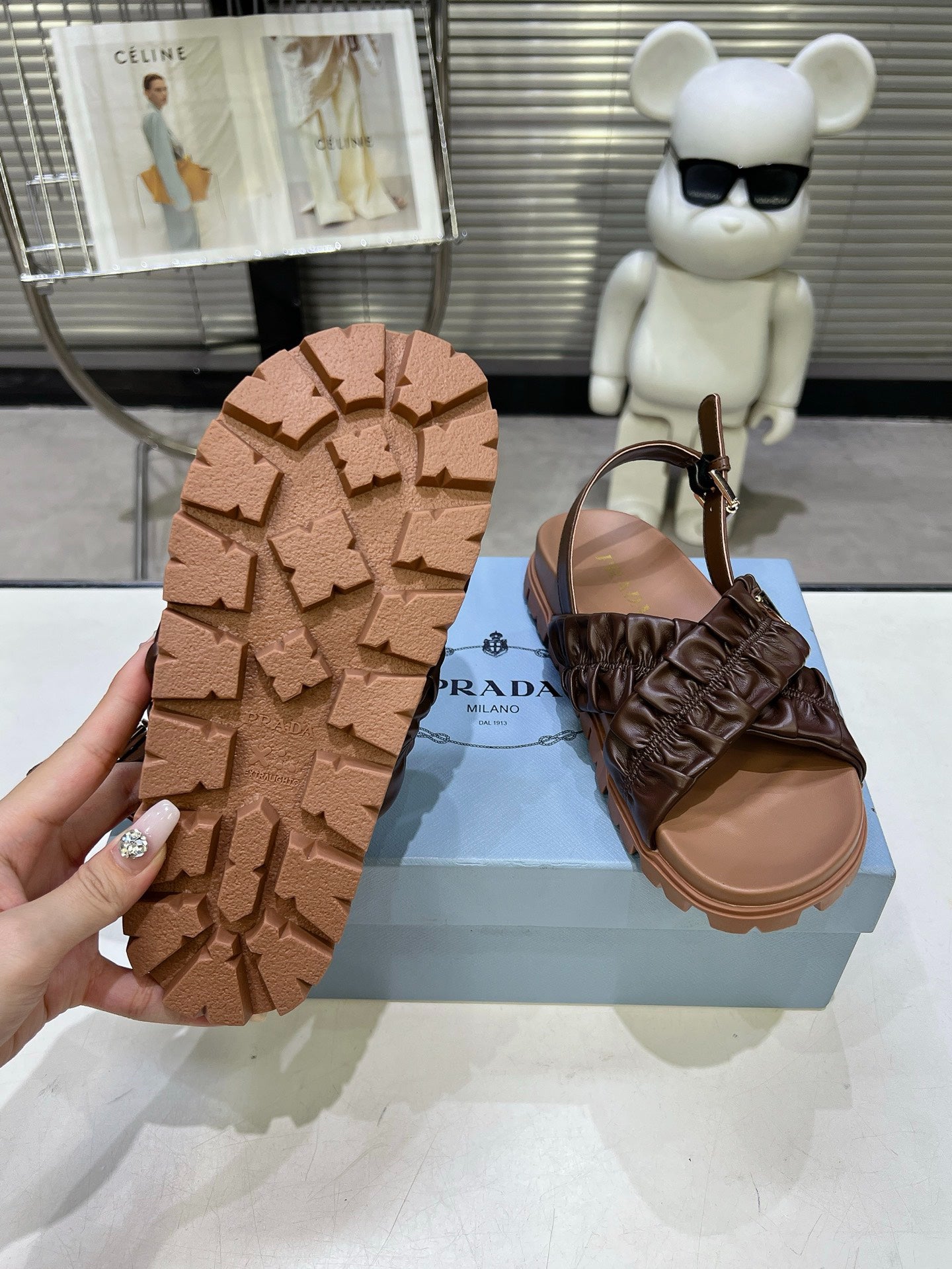Women Dark Brown Ruched Cross Strap Platform Sandals Triangle Gold Logo Adjustable Ankle Buckle Casual Shoes