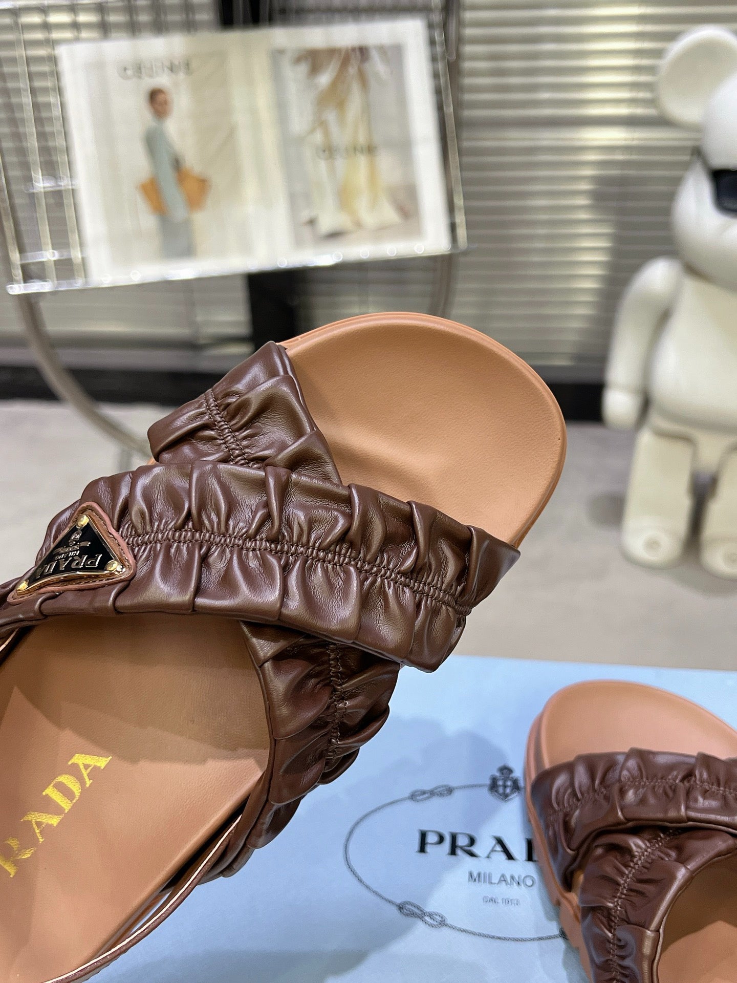 Women Dark Brown Ruched Cross Strap Platform Sandals Triangle Gold Logo Adjustable Ankle Buckle Casual Shoes