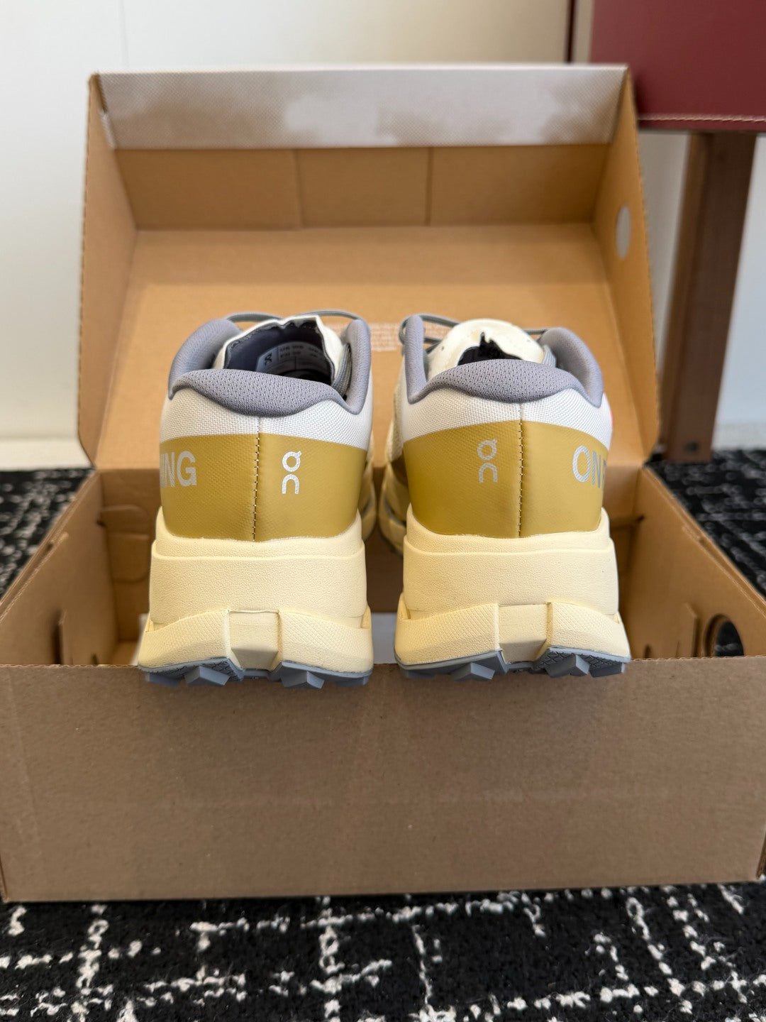 On Cloudmonster Unisex Road Running Sneakers Cream Off White Gold Band Beige Midsole Thick CloudTec Sport Shoes