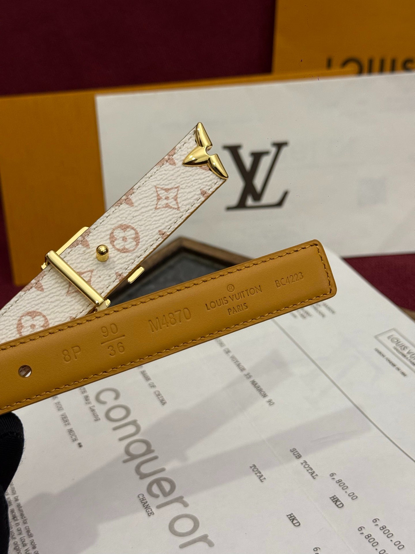 Ladies White Pink Monogram Leather Belt Gold Metal Buckle Fashion Dress Belt