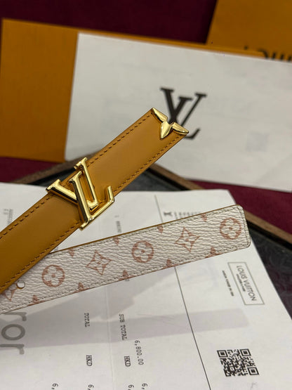 Ladies White Pink Monogram Leather Belt Gold Metal Buckle Fashion Dress Belt