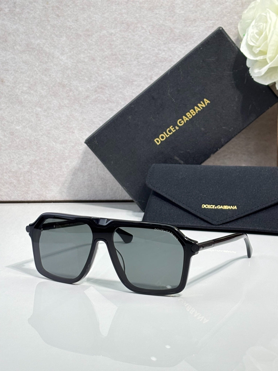 Dolce & Gabbana Black Aviator Sunglasses with Yellow Lenses & Gold Accents