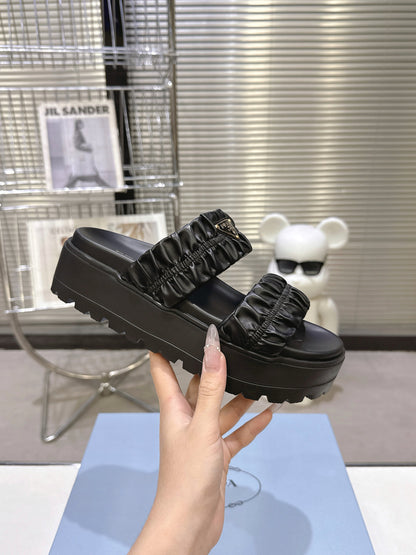 Women Black Ruched Two Strap Platform Slides Triangle Gold Logo Slip On Casual Sandal Shoes