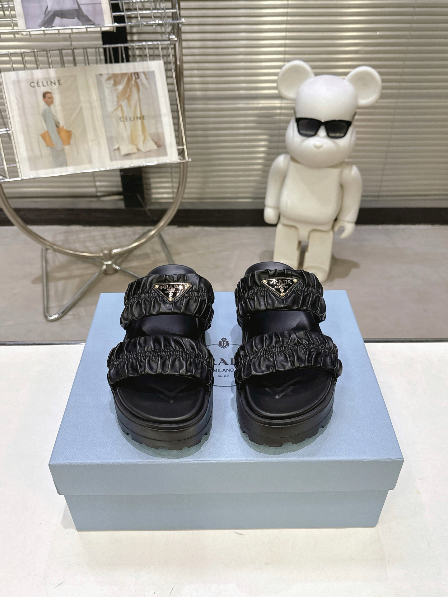 Women Black Ruched Two Strap Platform Slides Triangle Gold Logo Slip On Casual Sandal Shoes