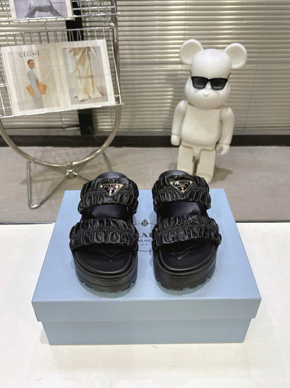 Women Black Ruched Two Strap Platform Slides Triangle Gold Logo Slip On Casual Sandal Shoes