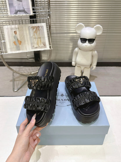 Women Black Ruched Two Strap Platform Slides Triangle Gold Logo Slip On Casual Sandal Shoes